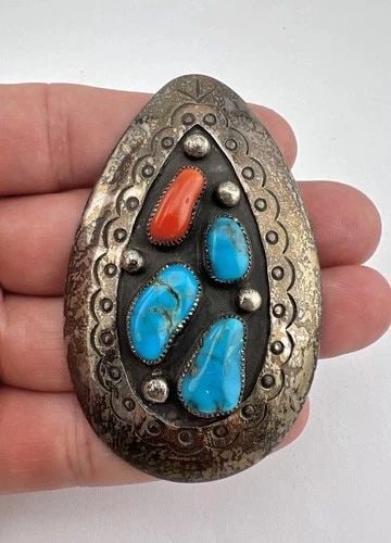 NAVAJO STERLING SILVER KINGMAN TURQUOISE CORAL STAMPED TEARDROP PENDANT 2.75": NAVAJO STERLING SILVER KINGMAN TURQUOISE CORAL STAMPED TEARDROP PENDANT 2.75" Vtg Navajo Sterling Silver Kingman Turquoise Coral Stamped Teardrop Pendant 2.75" Size: 2 3/4" Tall & 1 3/4" Wide Weight i