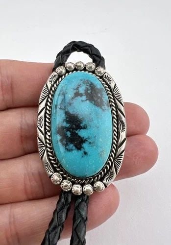 VTG VINCENT & NITA EDSITTY NAVAJO STERLING SILVER TURQUOISE STAMPED BOLO TIE 2": VTG VINCENT & NITA EDSITTY NAVAJO STERLING SILVER TURQUOISE STAMPED BOLO TIE 2" Vtg Vincent & Nita Navajo Sterling Silver High Grade Kingman Turquoise Stamped Bolo Tie 2" Size: 2" Tall by Slightly Ove