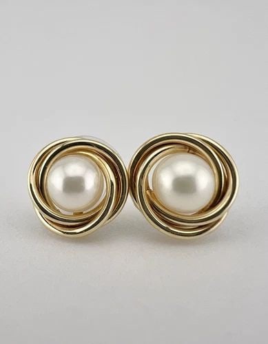 VINTAGE 14K YELLOW GOLD 6MM WHITE PEARL TWIST POST DANGLE EARRINGS (1 of 2)