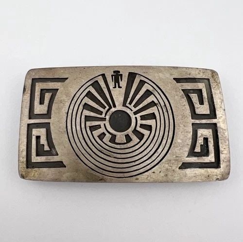 HUGE VINTAGE HOPI STERLING SILVER MAN IN THE MAZE OVERLAY BELT BUCKLE 3.5": HUGE VINTAGE HOPI STERLING SILVER MAN IN THE MAZE OVERLAY BELT BUCKLE 3.5" HUGE Vintage Hopi Sterling Silver Man in The Maze Overlay Belt Buckle 3.5" Size: 3 1/2" Wide By 2" Tall Weight is 45.2 Grams 