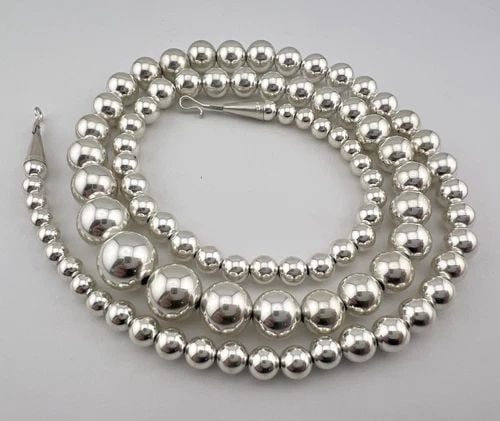 VTG NAVAJO STERLING SILVER 6-14MM PEARL BENCH BEAD GRADUATED NECKLACE 30"- 58.5G (1 of 2)