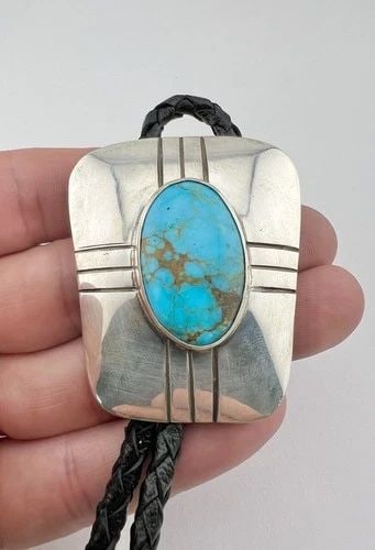 VINTAGE NAVAJO STERLING SILVER BLUE GEM TURQUOISE STAMPED RECTANGLE BOLO TIE 2": VINTAGE NAVAJO STERLING SILVER BLUE GEM TURQUOISE STAMPED RECTANGLE BOLO TIE 2" Vintage Navajo Sterling Silver Blue Gem Turquoise Stamped Rectangle Bolo Tie 2" Size: Slightly Over 2" Tall by 1 3/4" Wi