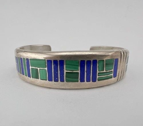 VINTAGE NAVAJO STERLING SILVER MALACHITE & LAPIS LAZULI FLUSH CUFF BRACELET 45G (1 of 2)