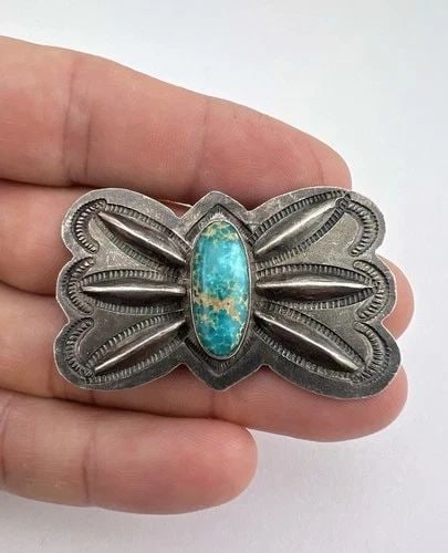 1940S NAVAJO STERLING SILVER CERRILLOS TURQUOISE STAMPED BUTTERFLY PIN BROOCH 2": 1940S NAVAJO STERLING SILVER CERRILLOS TURQUOISE STAMPED BUTTERFLY PIN BROOCH 2" Early OLD 1940's Navajo Sterling Silver Cerrillos Turquoise Stamped Butterfly Pin Brooch 2" Size: 2" Wide & 1 1/4" Tall