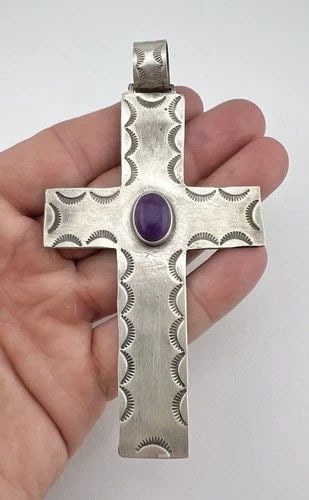 VTG ROBERT JONHSON NAVAJO STERLING SILVER SUGILITE STAMPED CROSS PENDANT 4.5": VTG ROBERT JONHSON NAVAJO STERLING SILVER SUGILITE STAMPED CROSS PENDANT 4.5" HUGE Vtg Robert Jonhson NAVAJO Sterling Silver Sugilite Stamped Cross Pendant 4.5" Size: 4 1/2" Tall With Bail By About 2 