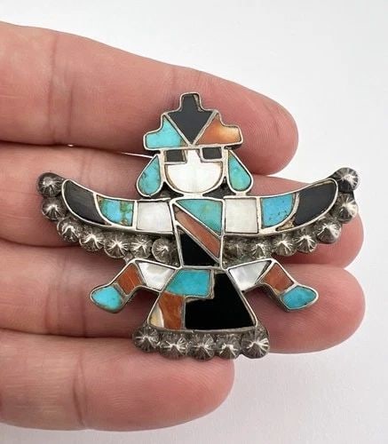 EARLY FRANK VACIT ATTRIBUTED ZUNI COIN SILVER FLUSH KNIFEWING PIN BROOCH 2 1/8": EARLY FRANK VACIT ATTRIBUTED ZUNI COIN SILVER FLUSH KNIFEWING PIN BROOCH 2 1/8" Early Frank Vacit Attributed Zuni Coin Silver Flush Knifewing Pin Brooch 2 1/8" Size: 1 3/4" Tall by 2 1/8" Wide Weight 