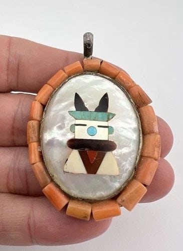 EARLY NAVAJO / ZUNI STERLING SILVER MULTI GEMSTONE HORNED KACHINA PENDANT 2 3/8": EARLY NAVAJO / ZUNI STERLING SILVER MULTI GEMSTONE HORNED KACHINA PENDANT 2 3/8" Early Navajo / Zuni Sterling Silver Multi Gemstone Horned Kachina Pendant 2 3/8" Size: 2 3/8" Tall With Bail & 1 5/8" W
