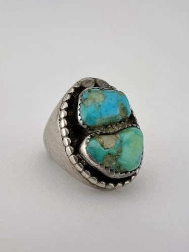 VINTAGE NAVAJO STERLING SILVER INGOT NEVADA TURQUOISE CHUNKY MEN'S RING -32.1G (1 of 2)