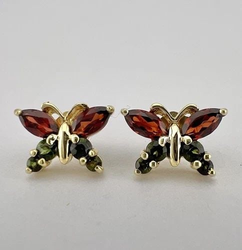 DESIGNER 14K YELLOW GOLD GREEN & RED GARNET BUTTERFLY POST STUD EARRINGS (1 of 2)
