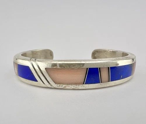 AARON TOADLENA NAVAJO STERLING SILVER CORAL & LAPIS LAZULI FLUSH CUFF BRACELET: AARON TOADLENA NAVAJO STERLING SILVER CORAL & LAPIS LAZULI FLUSH CUFF BRACELET Aaron Toadlena Navajo Sterling Silver Coral & Lapis Lazuli Flush Cuff Bracelet Cuff is Just Under 5" tip to Tip and has a