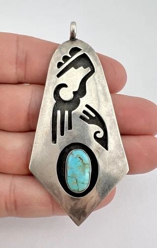 VINTAGE HOPI STERLING SILVER BLUE TURQUOISE TRIBAL DESIGN OVERLAY PENDANT 3": VINTAGE HOPI STERLING SILVER BLUE TURQUOISE TRIBAL DESIGN OVERLAY PENDANT 3" Vintage Hopi Sterling Silver Blue Turquoise Tribal Design Overlay Pendant 3" Size: Over 3" Tall With Bail & 1 1/2" Wide Wei