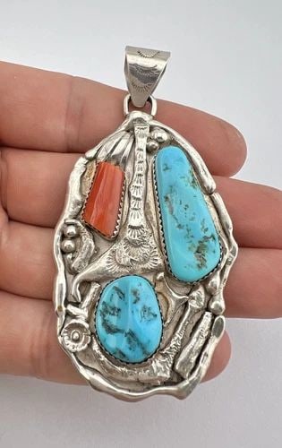 HENRY KING NAVAJO STERLING SILVER SLEEPING BEAUTY TURQUOISE CORAL PENDANT 3.25": HENRY KING NAVAJO STERLING SILVER SLEEPING BEAUTY TURQUOISE CORAL PENDANT 3.25" Vintage Henry King Navajo Sterling Silver Sleeping Beauty Turquoise Coral Pendant 3.25" Size: Around 3 1/4" Tall With ba