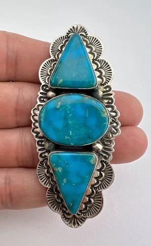 VINTAGE NAVAJO STERLING SILVER BLUE GEM TURQUOISE STAMPED PIN PENDANT 3 1/8" (1 of 2)