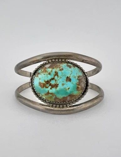 VINTAGE HARRY BERT HOPI / NAVAJO STERLING SILVER ROYSTON TURQUOISE CUFF BRACELET: Vintage Harry Bert Hopi / Navajo Sterling Silver Royston Turquoise Cuff Bracelet Cuff is Just Under 4 3/4" tip to Tip and has a 1 1/8" Wide Adjustable Gap Cuff Is 1 1/4" Wide In the Center Weight is 2