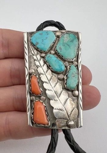 HUGE VTG WAYNE CHEAMA ZUNI STERLING SILVER TURQUOISE & CORAL BOLO TIE 2.25": HUGE Vtg Wayne Cheama Zuni Sterling Silver Turquoise & Coral Stamped Bolo Tie 2.25" Size: 2 1/4" Tall by 1 1/2" Wide At The Top Weight is 30.7 Grams on my scale Metal: Sterling Silver Amazing Natural 