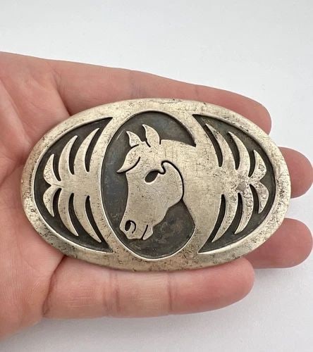 VINTAGE HOPI STERLING SILVER HORSE EQUESTRIAN OVERLAY BELT BUCKLE 3" (1 of 2)