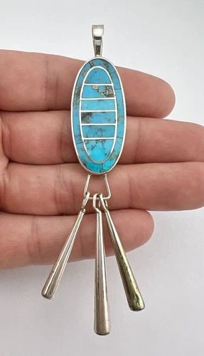 VTG NAVAJO STERLING SILVER TURQUOISE FLUSH INLAY CHANDELIER DANGLE PENDANT 4" (1 of 2)