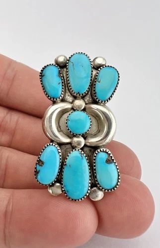 HUGE VTG JULIE ONDELACY LAHI ZUNI STERLING SILVER TURQUOISE CLUSTER RING 1 5/8" (1 of 2)