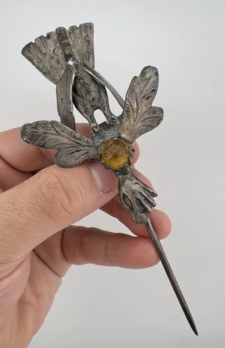 ANTIQUE GEORGIAN TO VICTORIAN SILVER OLD CUT AMBER GLASS PASTE TURKEY HAIR PIN (1 of 2)