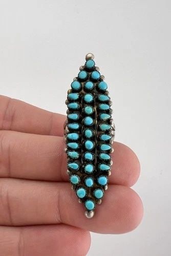 OLD ZUNI STERLING SILVER PETIT POINT TURQUOISE CLUSTER WOMEN'S 2.25" LONG RING: OLD Zuni Sterling Silver Petit Point Turquoise Cluster Women's 2.25" Long Ring Ring Size 7.25 - Can Be re Sized Weight is 8.5 Grams on my scale Metal: Sterling Silver Ring is 2 1/4" Tall In the Center