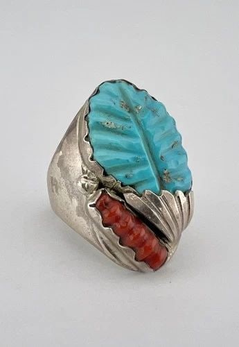 VTG LOYOLITA TSATTIE ZUNI STERLING SILVER CARVED TURQUOISE CORAL MENS RING 25.5G (1 of 2)