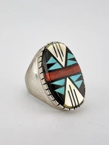 VINTAGE ZUNI STERLING SILVER MOSAIC MULTI GEMSTONE INGOT MEN'S RING 19.1G #1: Vintage Zuni Sterling Silver Mosaic Multi Gemstone Ingot Men's Ring 19.1g #1 Ring Size: 10.75 - Can Be Resized Weight is 19.1 Grams on my scale Test Positive For Sterling Silver Ring is 1 1/8" Tall In