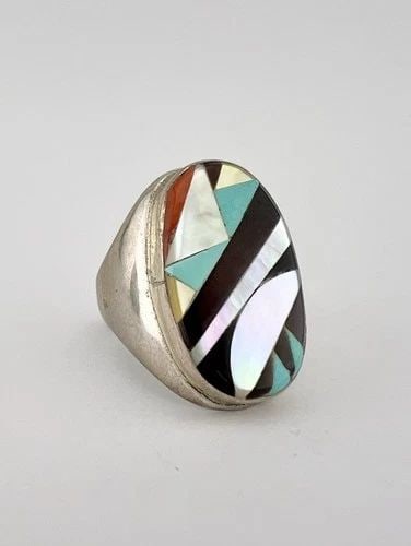 VINTAGE ZUNI STERLING SILVER MOSAIC MULTI GEMSTONE INGOT MEN'S RING 18G #2: Vintage Zuni Sterling Silver Mosaic Multi Gemstone Ingot Men's Ring 18g #2 Ring Size: 11.25 - Can Be Resized Weight is 18.0 Grams on my scale Test Positive For Sterling Silver Ring is 1 1/8" Tall In t