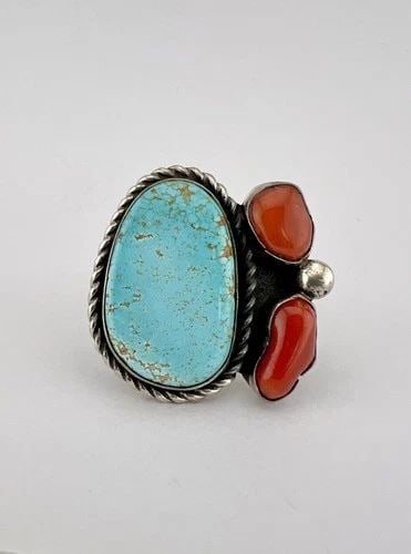 HUGE VTG NAVAJO STERLING SILVER #8 SPIDERWEB TURQUOISE CORAL STAMPED MEN'S RING: HUGE VTG NAVAJO STERLING SILVER #8 SPIDERWEB TURQUOISE CORAL STAMPED MEN'S RING HUGE Vtg Navajo Sterling Silver #8 Spiderweb Turquoise & Coral Stamped Men's Ring 21.6g Ring Size: 15 - Can Be Re Sized 