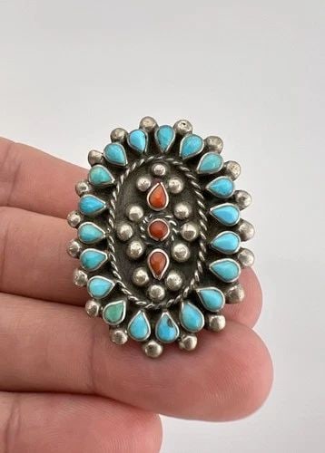 HUGE VTG ZUNI STERLING SILVER PETIT POINT TURQUOISE & CORAL CLUSTER WOMEN'S RING: HUGE Vtg Zuni Sterling Silver Petit Point Turquoise & Coral Cluster Women's Ring Ring Size - 9 Weight is 13.7 Grams on my scale Metal: Sterling Silver Ring is Over 1 1/2" Tall In the Center Amazing Na