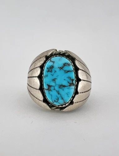VTG NAVAJO STERLING SILVER SLEEPING BEAUTY TURQUOISE STAMPED DOME MEN'S RING 24G: VTG NAVAJO STERLING SILVER SLEEPING BEAUTY TURQUOISE STAMPED DOME MEN'S RING 24G Vtg Navajo Sterling Silver Sleeping Beauty Turquoise Stamped Dome Men's Ring 24g Ring Size: 10.25- Can Be Resized Weigh