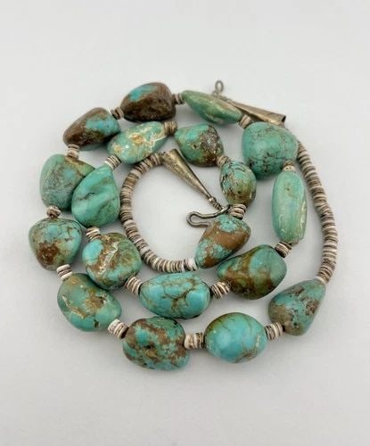SANTO DOMINGO KEWA KING'S MANASSA TURQUOISE & OLIVE SEHLL HEISHI NECKLACE 27.5" (1 of 2)