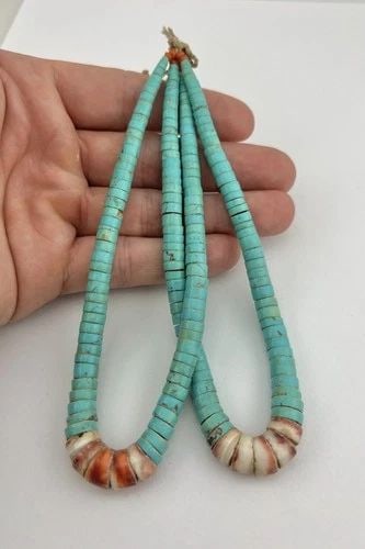 VTG SANTA DOMINGO PUEBLO TURQUOISE & SPINY OYSTER HEISHI JACLA PENDANT 6" -42.2G (1 of 2)