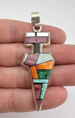 VTG FRANK YELLOWHORSE NAVAJO STERLING SILVER MULTI GEM YEI KACHINA PENDANT 3": Vtg Frank Yellowhorse NAVAJO Sterling Silver Multi Gem Yei Kachina Pendant 3" Size: 3" Tall With Bail & 1" Wide Weight is 19.5 Grams on my scale Test Positive For Sterling Silver Amazing High Grade Fl