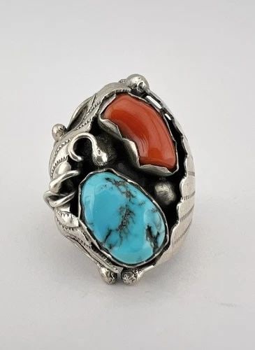 HUGE VTG NAVAJO STERLING SILVER BLUE TURQUOISE & CORAL STAMPED MEN'S RING 23.8G (1 of 2)