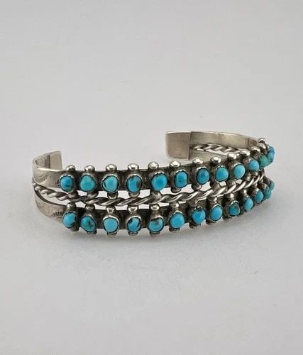 VTG FRED HARVEY ERA ZUNI TURQUOISE STERLING SILVER 2 ROW SNAKE EYE CUFF BRACELET (1 of 2)