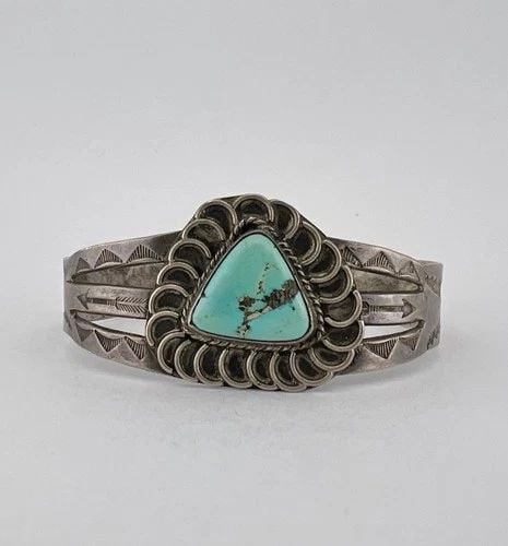 OLD PAWN 1940'S NAVAJO STERLING SILVER TRIANGLE TURQUOISE STAMPED CUFF BRACELET: OLD PAWN 1940'S NAVAJO STERLING SILVER TRIANGLE TURQUOISE STAMPED CUFF BRACELET Old Pawn 1940's Navajo Sterling Silver Triangle Turquoise Stamped Cuff Bracelet Cuff is Around 5 3/8" tip to Tip and has