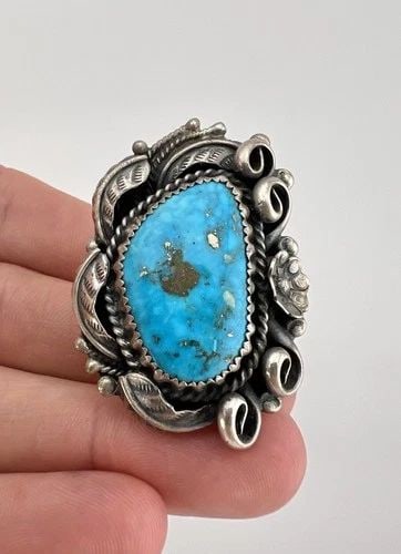 VINTAGE NAVAJO STERLING SILVER HIGH GRADE MORENCI TURQUOISE STAMPED RING 23.3G: HUGE Vintage Navajo Sterling Silver High Grade Morenci Turquoise Stamped Ring 23.3g Ring Size: 7.75 - Can Be Resized Weight is 23.3 Grams on my scale Test Positive For Sterling Silver Ring is 1 3/4" T
