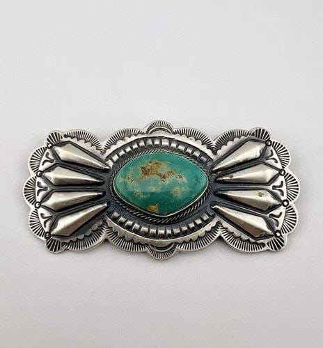VINTAGE PJ BEGAY NAVAJO STERLING SILVER ROYSTON TURQUOISE STAMPED PIN BROOCH 3": VINTAGE PJ BEGAY NAVAJO STERLING SILVER ROYSTON TURQUOISE STAMPED PIN BROOCH 3" Vintage PJ Begay Navajo Sterling Silver Royston Turquoise Stamped Pin Brooch 3" Size: 1 5/8" Tall by 3" Wide Metal: Ster