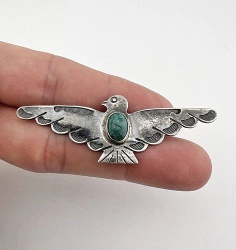 VTG FRED HARVEY NAVAJO STERLING SILVER TURQUOISE STAMPED THUNDERBIRD PIN BROOCH (1 of 2)