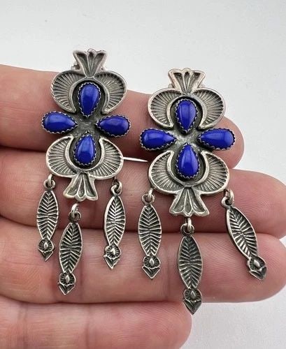 VTG NAVAJO STERLING SILVER NATURAL LAPIS LAZULI STAMPED DANGLE POST EARRINGS: VTG NAVAJO STERLING SILVER NATURAL LAPIS LAZULI STAMPED DANGLE POST EARRINGS Vtg Navajo Sterling Silver Natural Blue Lapis Lazuli Stamped Dangle Post Earrings Size: 2 1/4" Tall With Dangle & 7/8" Wide