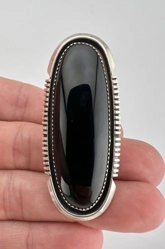 MASSIVE 2 3/8" VINTAGE NAVAJO STERLING SILVER BLACK ONYX STAMPED RING 22.3G: MASSIVE 2 3/8" VINTAGE NAVAJO STERLING SILVER BLACK ONYX STAMPED RING 22.3G Massive 2 3/8" Vintage Navajo Sterling Silver Black Onyx Stamped Ring 22.3g Ring Size: 7.5 - Can Be Resized Weight is 22.3 G