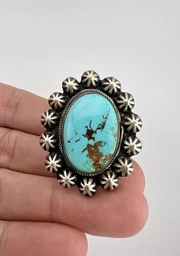 BOYD ASHLEY NAVAJO STERLING SILVER ROYSTON TURQUOISE STAMPED RING 1.5" - 26.3G: Boyd Ashley Navajo Sterling Silver Royston Turquoise Stamped Ring 1.5" - 26.3g Ring Size: 8 - Can Be Resized Weight is 26.3 Grams on my scale Metal: Sterling Silver Ring is 1 1/2" Tall In the Center A