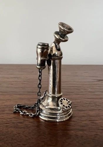 ANTIQUE STERLING SILVER MINIATURE DOLLHOUSE STANDING CANDLESTICK PHONE SCULPTURE: ANTIQUE STERLING SILVER MINIATURE DOLLHOUSE STANDING CANDLESTICK PHONE SCULPTURE Antique Sterling Silver Miniature Dollhouse Standing Candlestick Phone Sculpture Size: Just Under 2" Tall By Slighly Ov