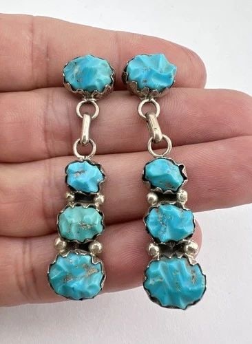 RODNEY DIANE LONJOSE ZUNI STERLING SILVER CARVED TURQUOISE POST EARRINGS 2 1/8": RODNEY DIANE LONJOSE ZUNI STERLING SILVER CARVED TURQUOISE POST EARRINGS 2 1/8" Vintage Rodney & Diane Lonjose Zuni Sterling Silver Carved Turquoise Post Earrings 2 1/8" Size: 2 1/8" Tall With Dangle 