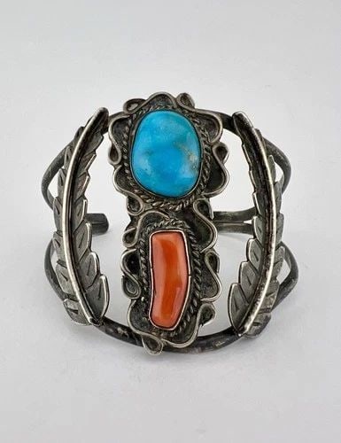 VTG NAVAJO STERLING SILVER BLUE GEM TURQUOISE & CORAL STAMPED WIDE CUFF BRACELET: VTG NAVAJO STERLING SILVER BLUE GEM TURQUOISE & CORAL STAMPED WIDE CUFF BRACELET Vtg Navajo Sterling Silver Blue Gem Turquoise & Coral Stamped Wide Cuff Bracelet Cuff is Around 5" tip to Tip and has a