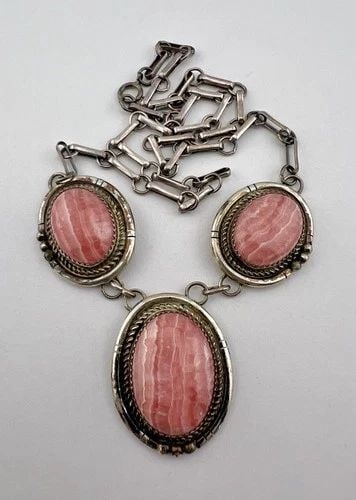 VTG SPENCER NAVAJO STERLING SILVER NATURAL RHODOCHROSITE LINK NECKLACE 20.5" (1 of 2)