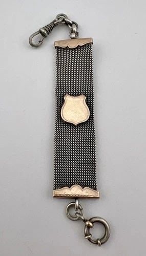 ANTIQUE VICTORIAN ENGLISH STERLING SILVER & GOLD MESH CREST FOB WATCH CHAIN (1 of 2)