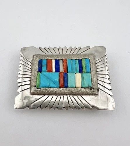 VTG NAVAJO STERLING SILVER COBBLESTONE GEMSTONE INLAY WOMEN'S BELT BUCKLE 2.25": Vtg Navajo Sterling Silver Cobblestone Gemstone Inlay Women's Belt Buckle 2.25" Size: 2 1/4" Wide By Just Under 1 3/4" Tall Weight is 38.0 Grams on my scale Metal: Sterling Silver Amazing Stamped Desi