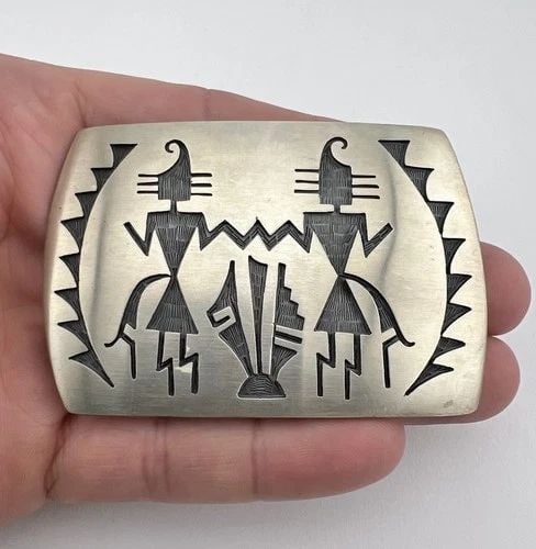 VINTAGE NAVAJO HOPI STERLING SILVER KACHINA TRIBAL OVERLAY BELT BUCKLE 3"- 55.1G (1 of 2)