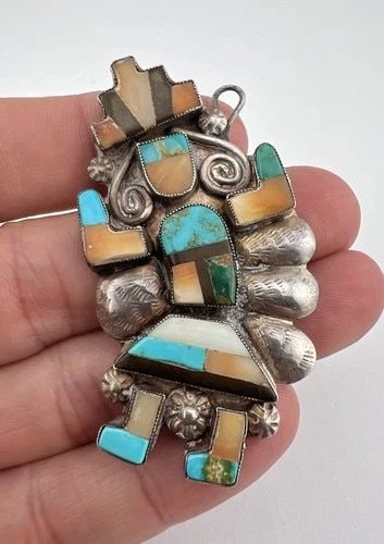 OLD 1940S ZUNI COIN SILVER MULTI GEMSTONE FLUSH INLAY RAINBOWMAN PENDANT 2.5": OLD 1940S ZUNI COIN SILVER MULTI GEMSTONE FLUSH INLAY RAINBOWMAN PENDANT 2.5" Old 1940s Zuni Coin Silver Multi Gemstone Flush Inlay Rainbowman Pendant 2.5" Size: 2 1/2" Wide By 1 3/8" Tall Metal: At L